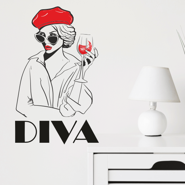Sticker decorativ pentru salon de infrumusetare, perete, Diva cu buze rosii, basca si pahar de vin, negru-rosu, 57 x 93