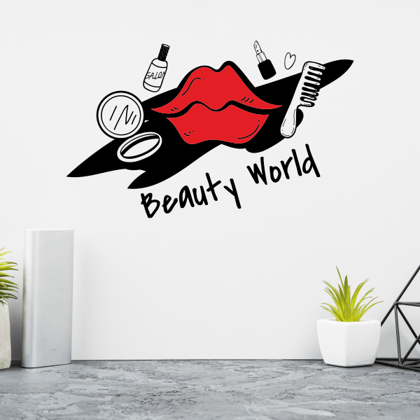 Sticker pentru perete, salon de make-up, beauty world, negru-rosu, 70 x 43