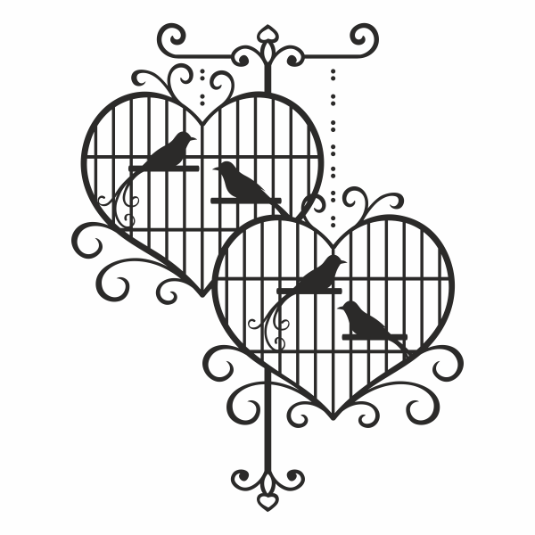 Sticker decorativ, cu colivii inimioare si pasari, negru, 57 x 71