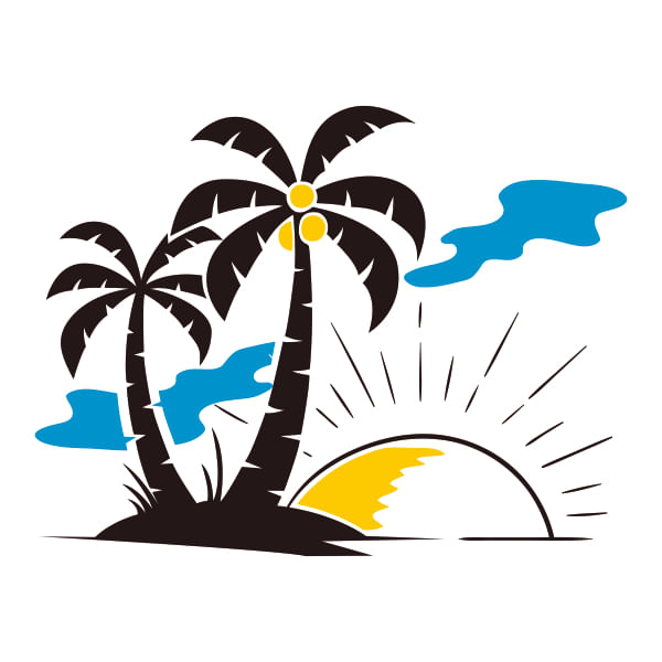 Sticker cu palmieri, soare si ocean, pentru perete, pentru rulota, negru-Galben/Albastru, 57 x 75