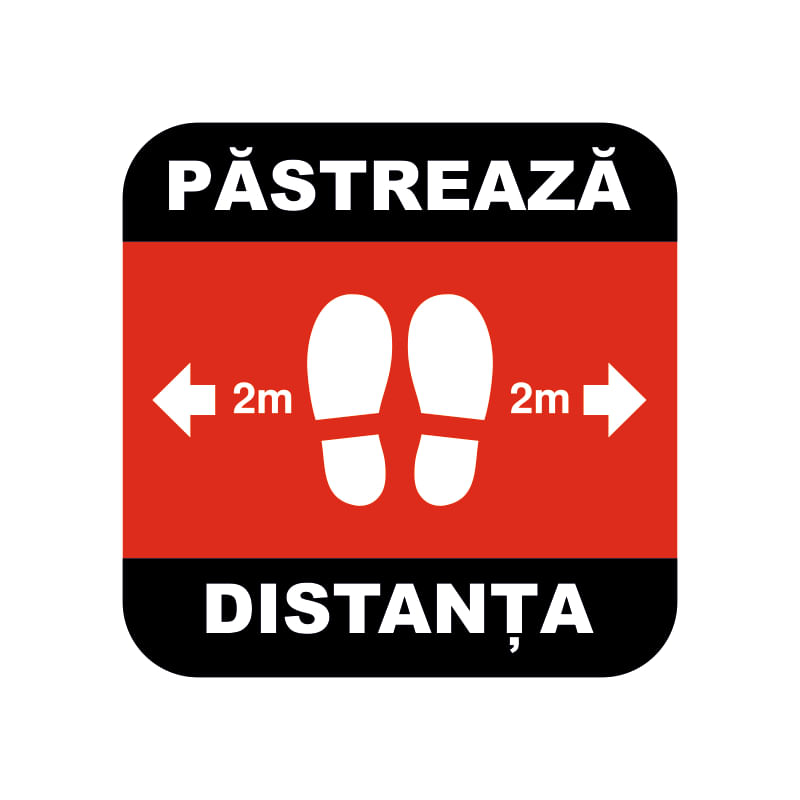 Sticker atentionare, pastreaza distanta, covid19, negru-rosu, 20x20cm