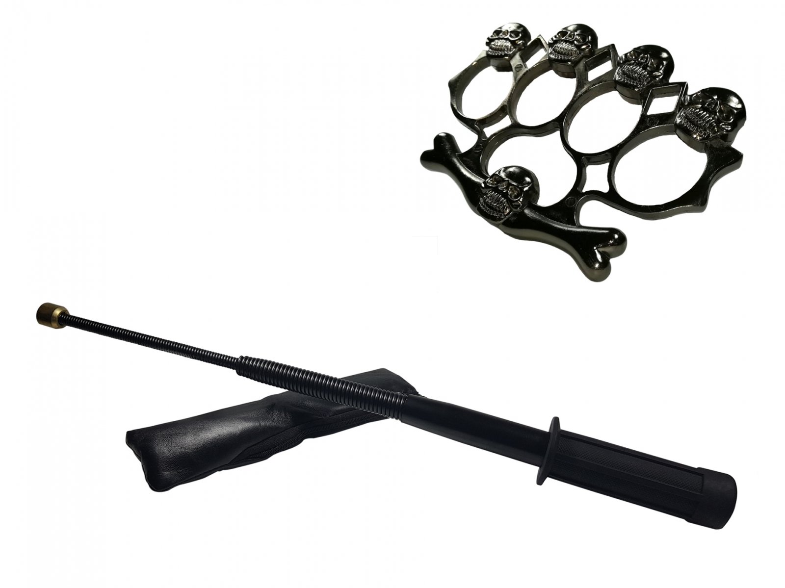 Set baston telescopic flexibil negru maner tip tonfa 47 cm + box,rozeta craniu negru