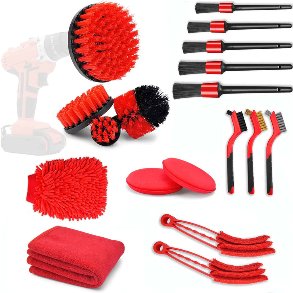 Set Premium 18 Piese detailing auto, GlowforHome, pensule detaliere, burete aplicator, laveta microfibra, Rosu-negru