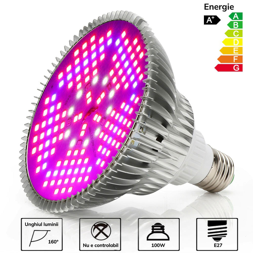 Bec LED pentru cresterea plantelor si legumelor la interior, acvariu, GlowforHome, E27, 100W, 150 Leduri, Argintiu - 1 | YEO