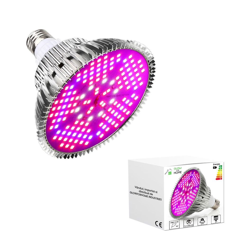 Bec LED pentru cresterea plantelor si legumelor la interior, acvariu, GlowforHome, E27, 100W, 150 Leduri, Argintiu