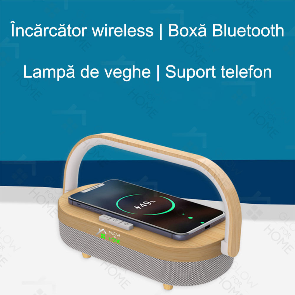 Incarcator wireless 4 in 1, GlowforHome, Qi 10W, Boxa bluetooth,multifunctionala, compatibil IOS si Android, maro - 1 | YEO