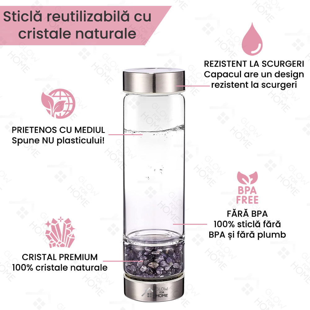 Sticla reutilizabila cu cristale naturale, GlowforHome, capac rezistent la scurgeri, 500 ml, Husa Protectie, Quartz Alb - 1 | YEO