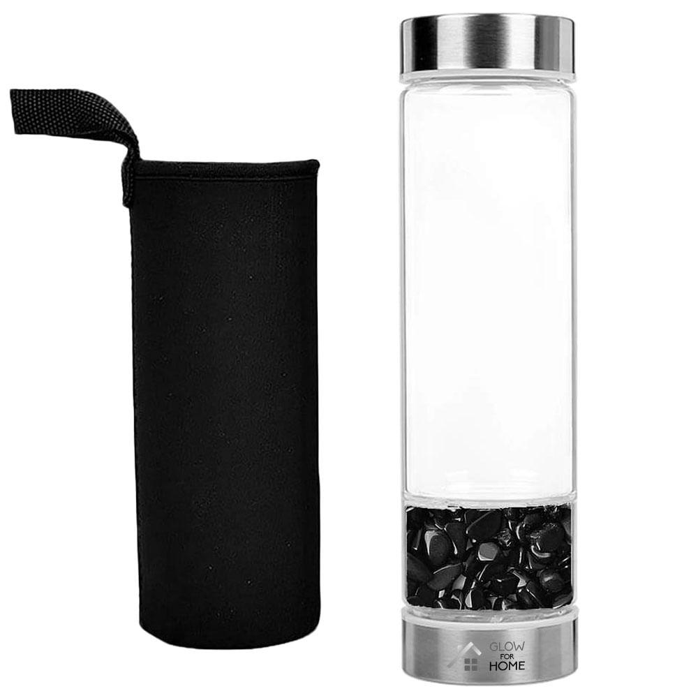 Sticla reutilizabila cu cristale naturale, GlowforHome, capac antiscurgeri, 500 ml, Husa Protectie, Black Obsidian