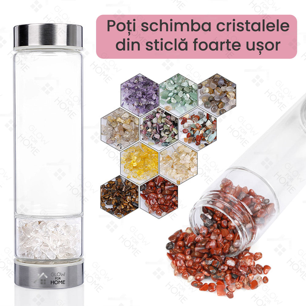 Sticla reutilizabila cu cristale naturale, GlowforHome, capac rezistent la scurgeri, 500 ml, Husa Protectie, Quartz Alb - 3 | YEO