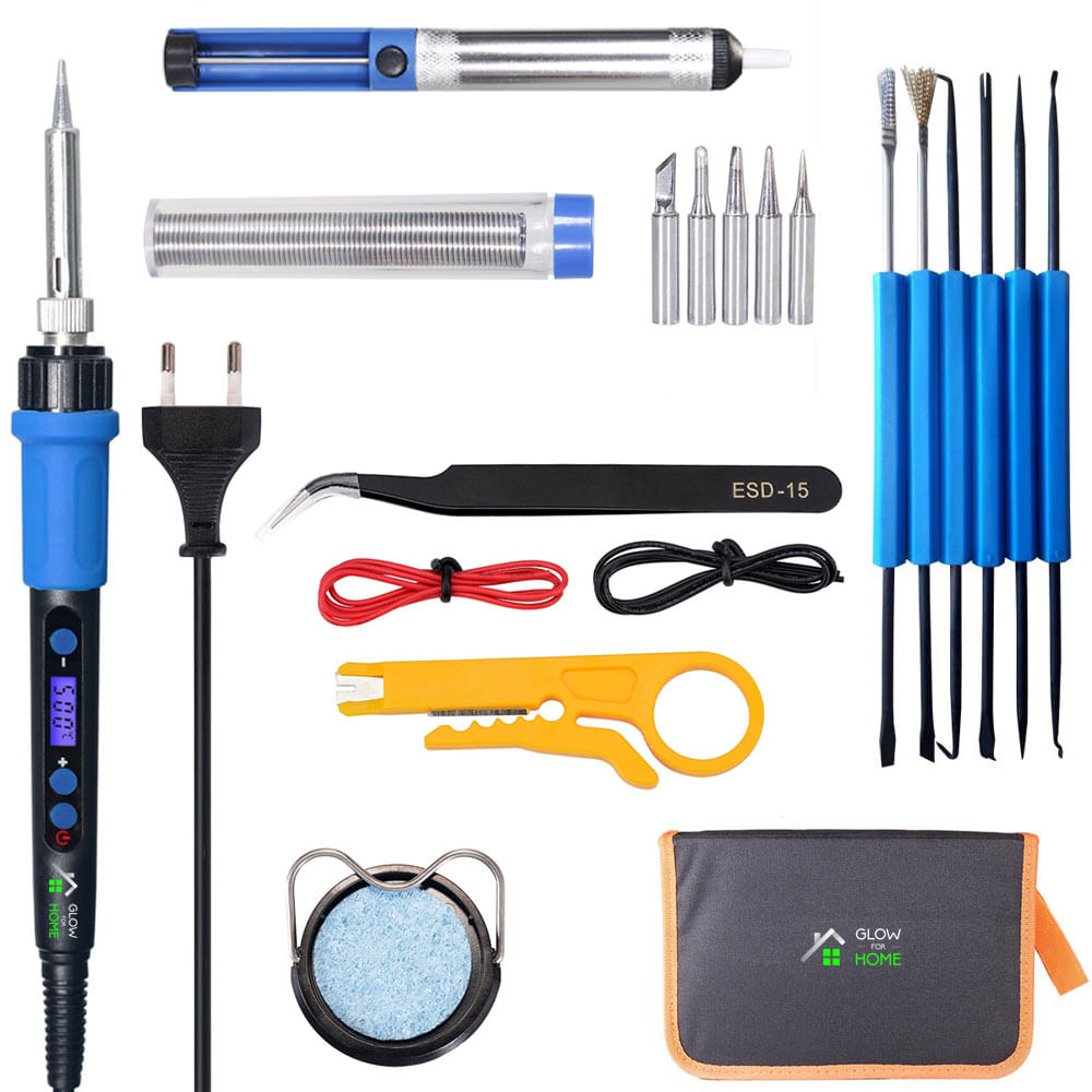 Kit profesional pentru lipit, GlowforHome, Letcon 60W cu LCD, Pompa de dezlipit cositor, Fire 22AWG, pensete