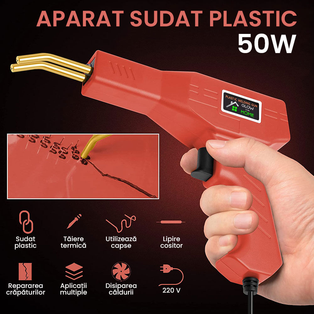 Trusa Aparat sudat plastic, GlowforHome, Pistol Profesional pentru lipit/sudat plastic, 200 capse, putere 50W, rosu - 1 | YEO