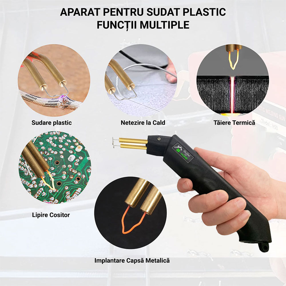 Trusa Aparat sudat plastic, GlowforHome, kit profesional lipit/reparat bara auto, 200 capse de intarire, 70W, negru - 4 | YEO