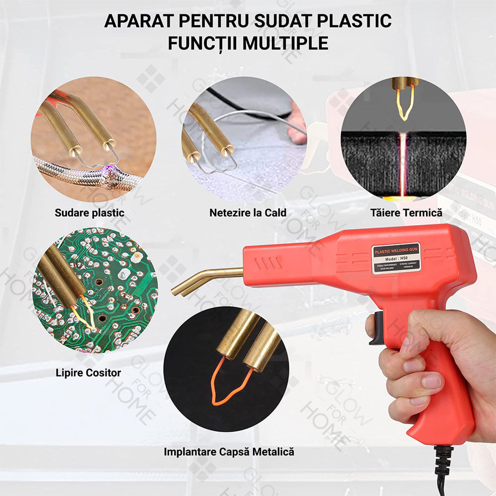 Trusa Aparat sudat plastic, GlowforHome, Pistol Profesional pentru lipit/sudat plastic, 200 capse, putere 50W, rosu