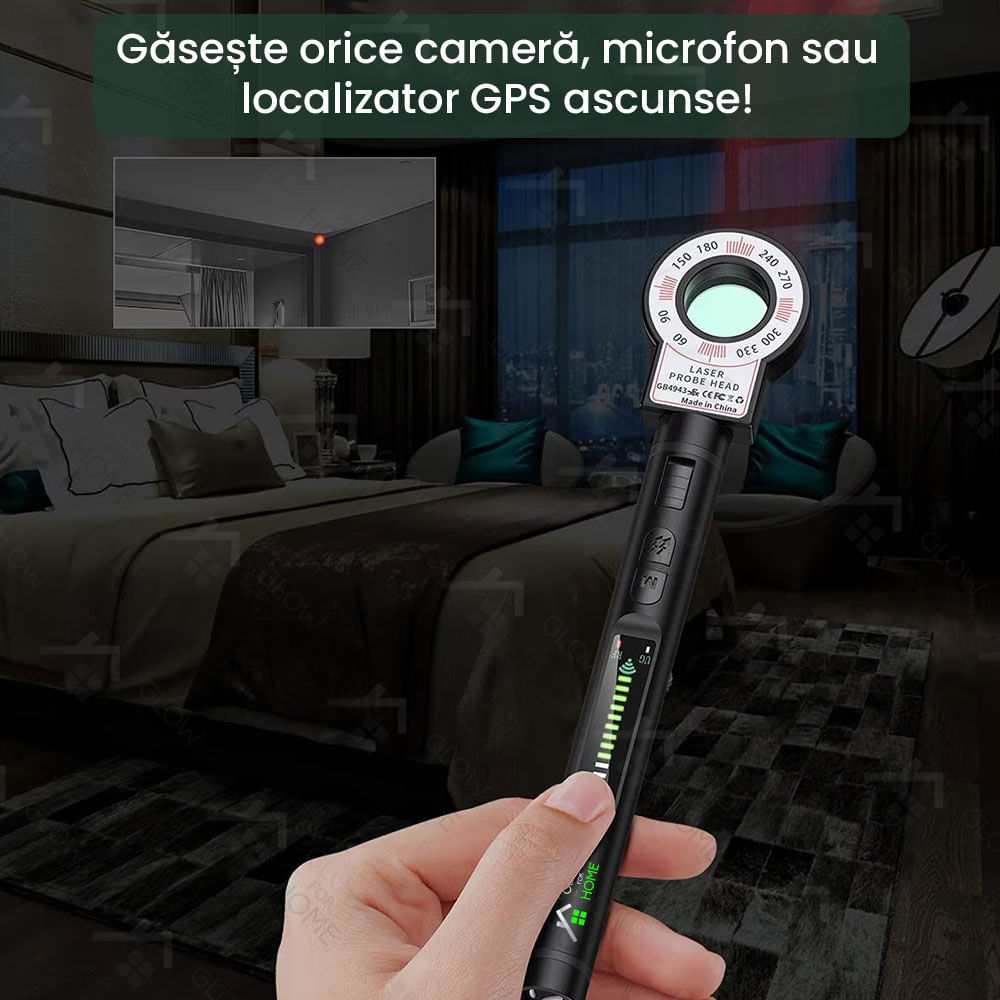 Detector Aparate Spionaj si camere ascunse, GlowforHome, Microfoane, Localizatoare GPS, Reportofoane, 1-8000MHZ, negru