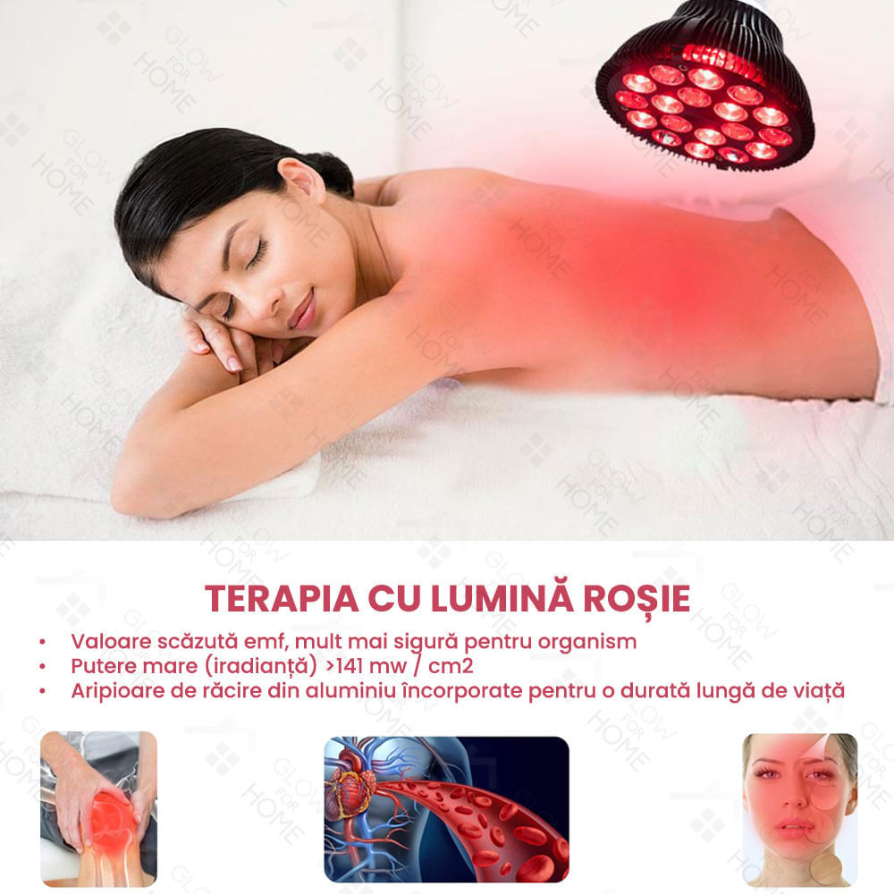 Bec terapeutic cu lumina infrarosie GlowforHome, vindecare leziuni, 18 LED-uri 660 nm, 850nm infrarosu, dulie E27, negru - imagine 12
