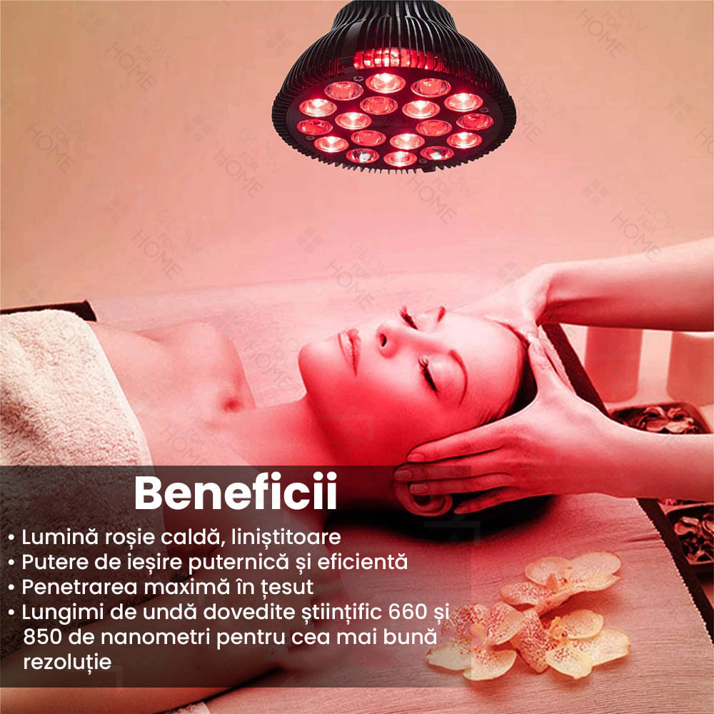 Bec terapeutic cu lumina infrarosie GlowforHome, vindecare leziuni, 18 LED-uri 660 nm, 850nm infrarosu, dulie E27, negru - 4 | YEO