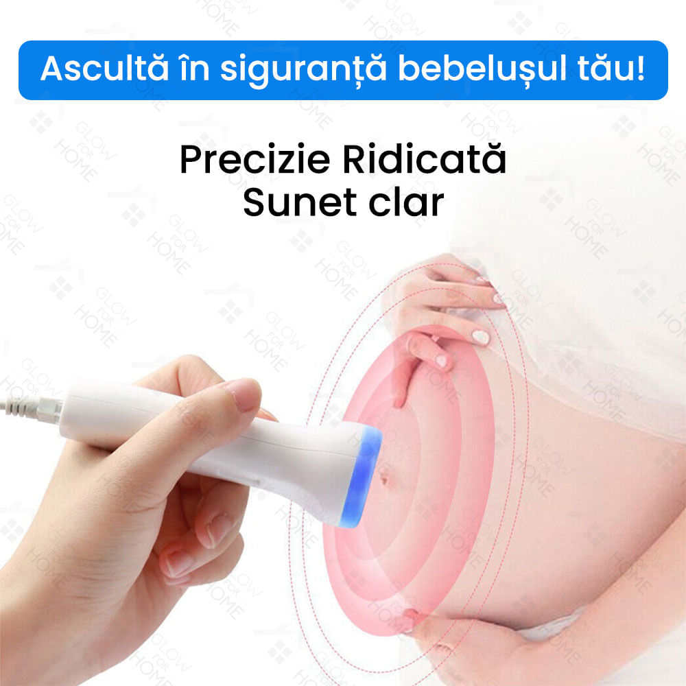 Aparat Monitor Fetal Doppler, GlowforHome, monitorizarea functiilor vitale bebelus, pentru gravide, Alb/Albastru - 1 | YEO