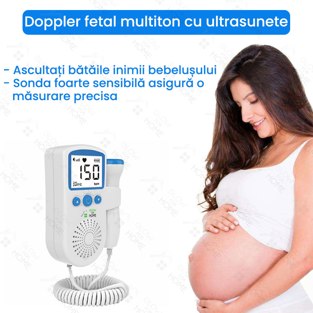 Aparat Monitor Fetal Doppler, GlowforHome, monitorizarea functiilor vitale bebelus, pentru gravide, Alb/Albastru - 4 | YEO