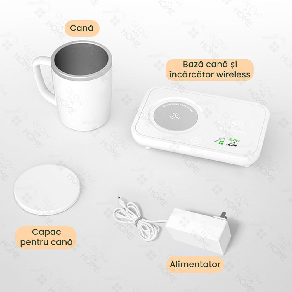 Set cana pentru racit si incalzit bauturi, GlowforHome, incarcator wireless telefon, cana aluminiu detasabila, Alb - 1 | YEO