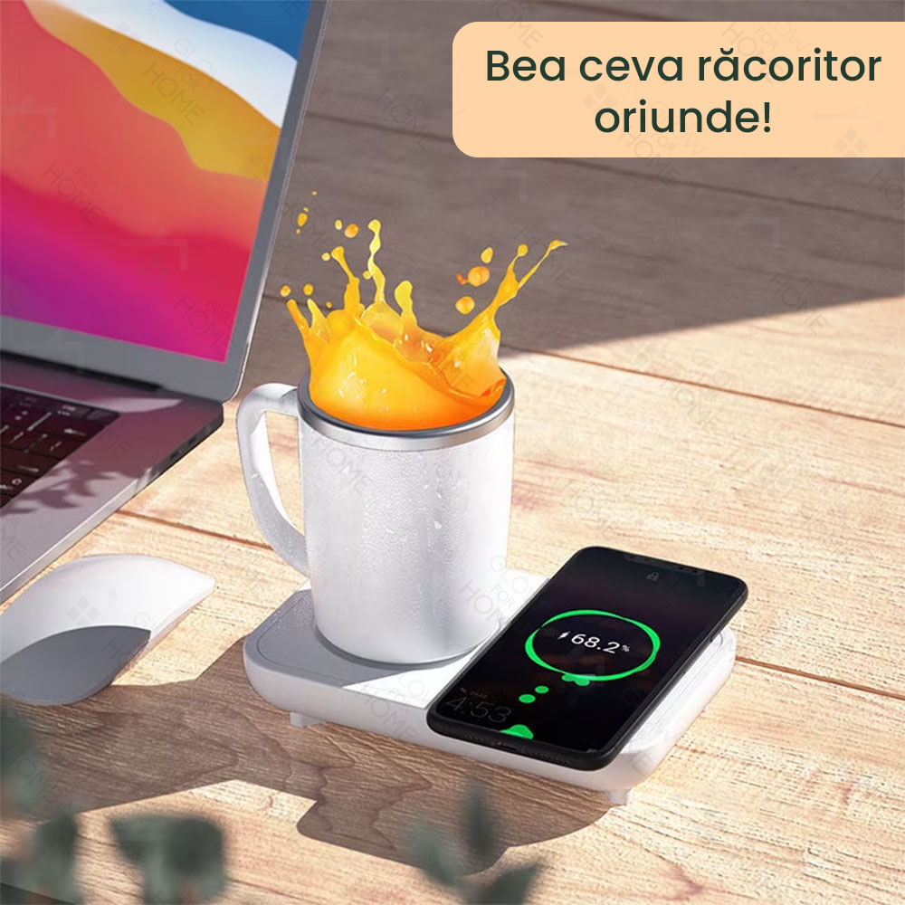 Set cana pentru racit si incalzit bauturi, GlowforHome, incarcator wireless telefon, cana aluminiu detasabila, Alb - 4 | YEO