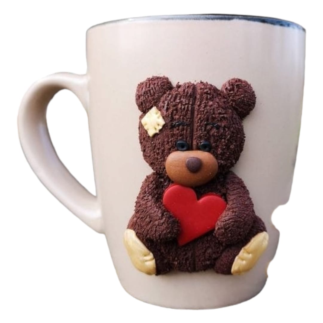 Cana personalizata cu lut polimerica Fimo, "Ursulet cu inimioara", handmade