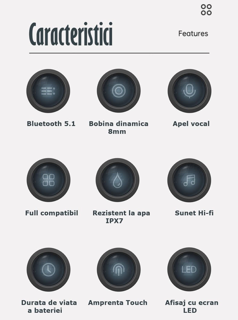 Casti Audio Wireless fara fir, Bluetooth 5.1, tip Earbuds cu Control Touch,Microfon,Noise Cancelling,tip Earpods Telefon