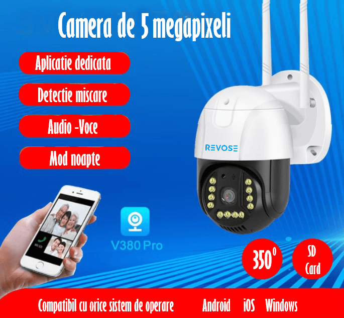 Camera de Supraveghere REVOSE™ 5MP, Aplicatie Dedicata, Intelligent Tracking, PTZ, WIFI, Lan, AP hotspot,Micro SD,Rotire - 1 | YEO