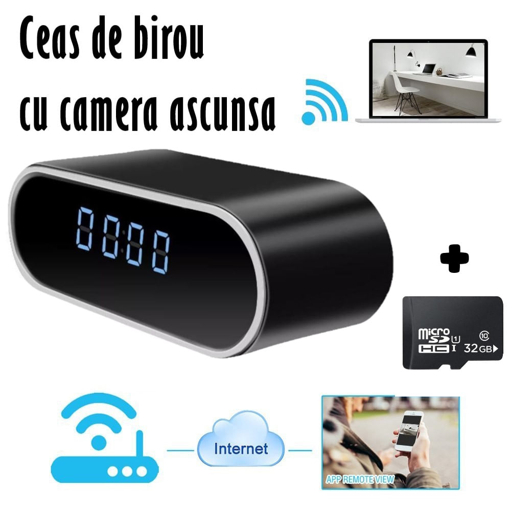 Mini camera Spy WI-FI Ascunsa in Ceas Desteptator,Microfon,Infrared,1080P,Activare la Miscare,Round,Micro SD 32GB Inclus - 1 | YEO