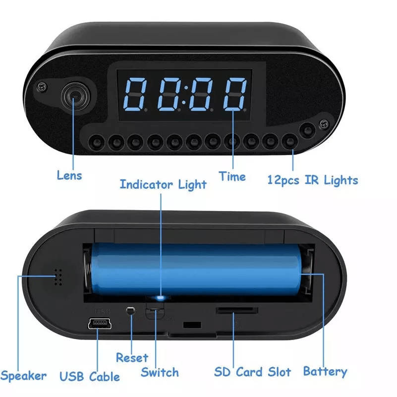 Mini camera Spy WI-FI Ascunsa in Ceas Desteptator,Microfon,Infrared,1080P,Activare la Miscare,Round,Micro SD 32GB Inclus