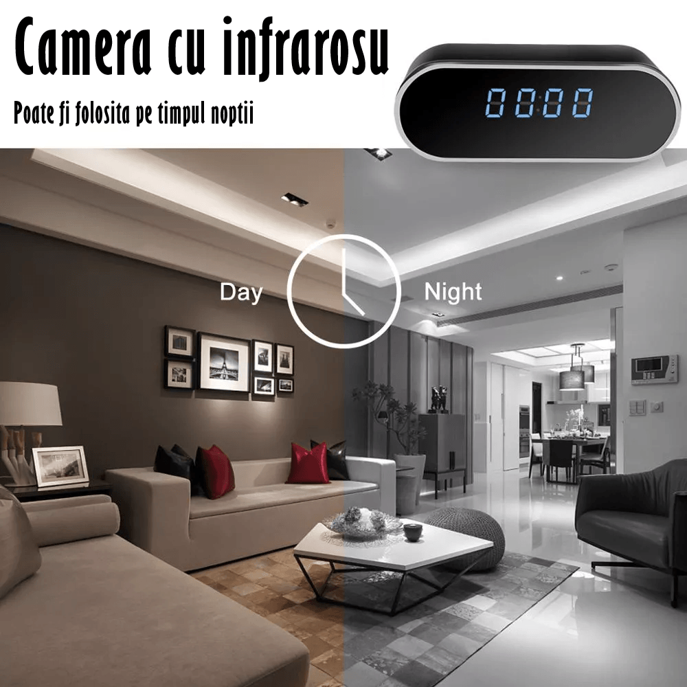 Mini camera Spy WI-FI Ascunsa in Ceas Desteptator,Microfon,Infrared,1080P,Activare la Miscare,Round,Micro SD 32GB Inclus - 3 | YEO