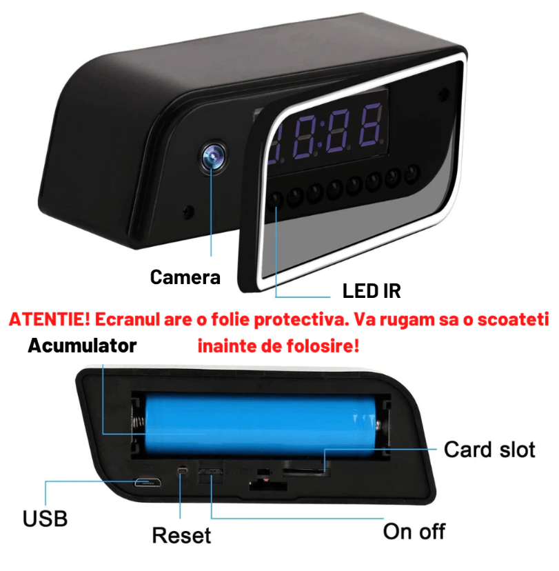 Mini camera Spy WI-FI IP Ascunsa in Ceas Desteptator,Microfon, Infrarosu, 1080P,Activare la Miscare,Micro SD 32GB Inclus - 4 | YEO