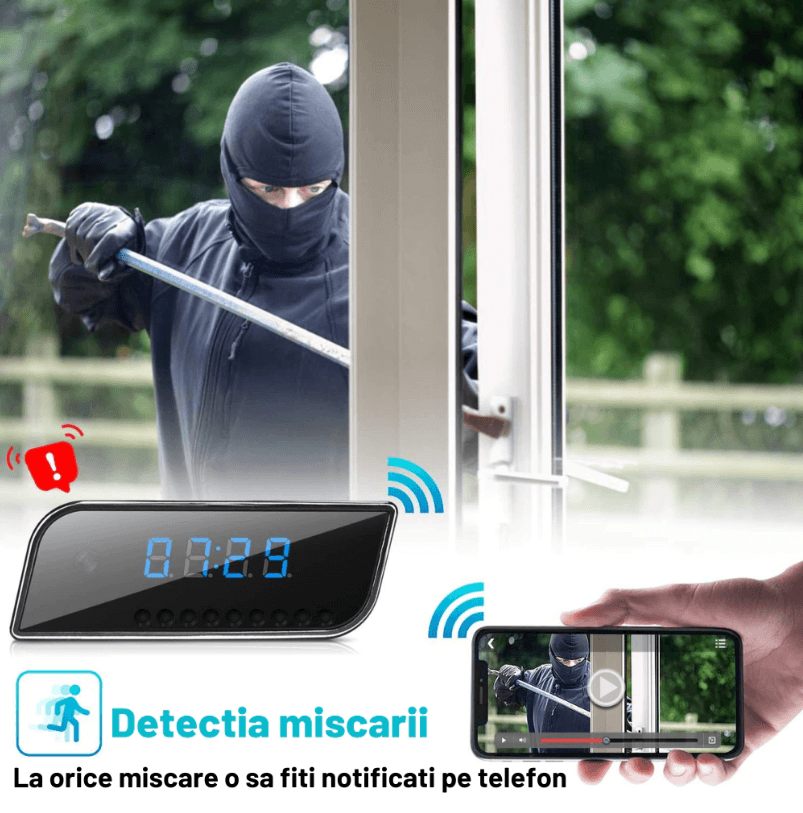 Mini camera Spy WI-FI IP Ascunsa in Ceas Desteptator,Microfon, Infrarosu, 1080P,Activare la Miscare,Micro SD 32GB Inclus - 4 | YEO