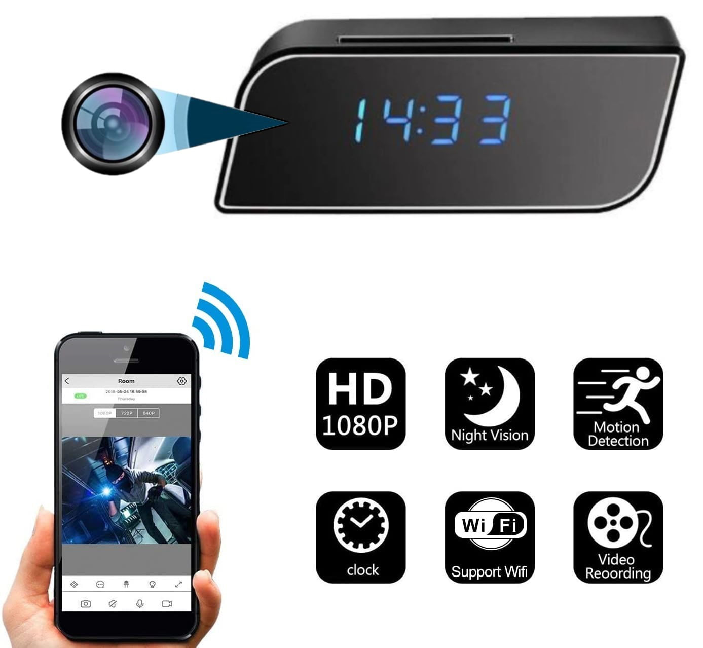 Mini camera Spy WI-FI IP Ascunsa in Ceas Desteptator,Microfon, Infrarosu, 1080P,Activare la Miscare,Micro SD 32GB Inclus - 1 | YEO