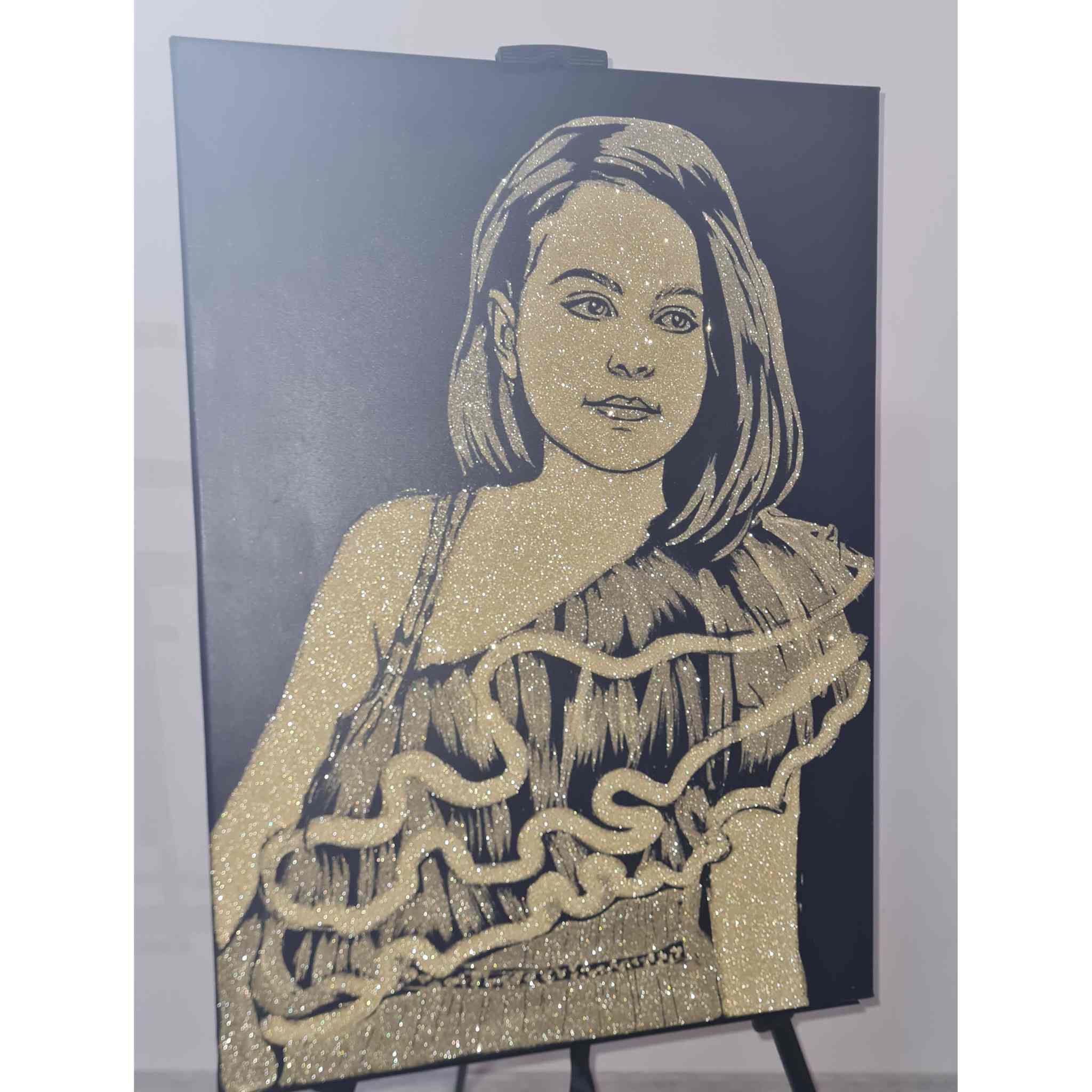 Tablou cu sclipici auriu, pictat manual dupa poza ta, 50x70 cm, 1 persoane