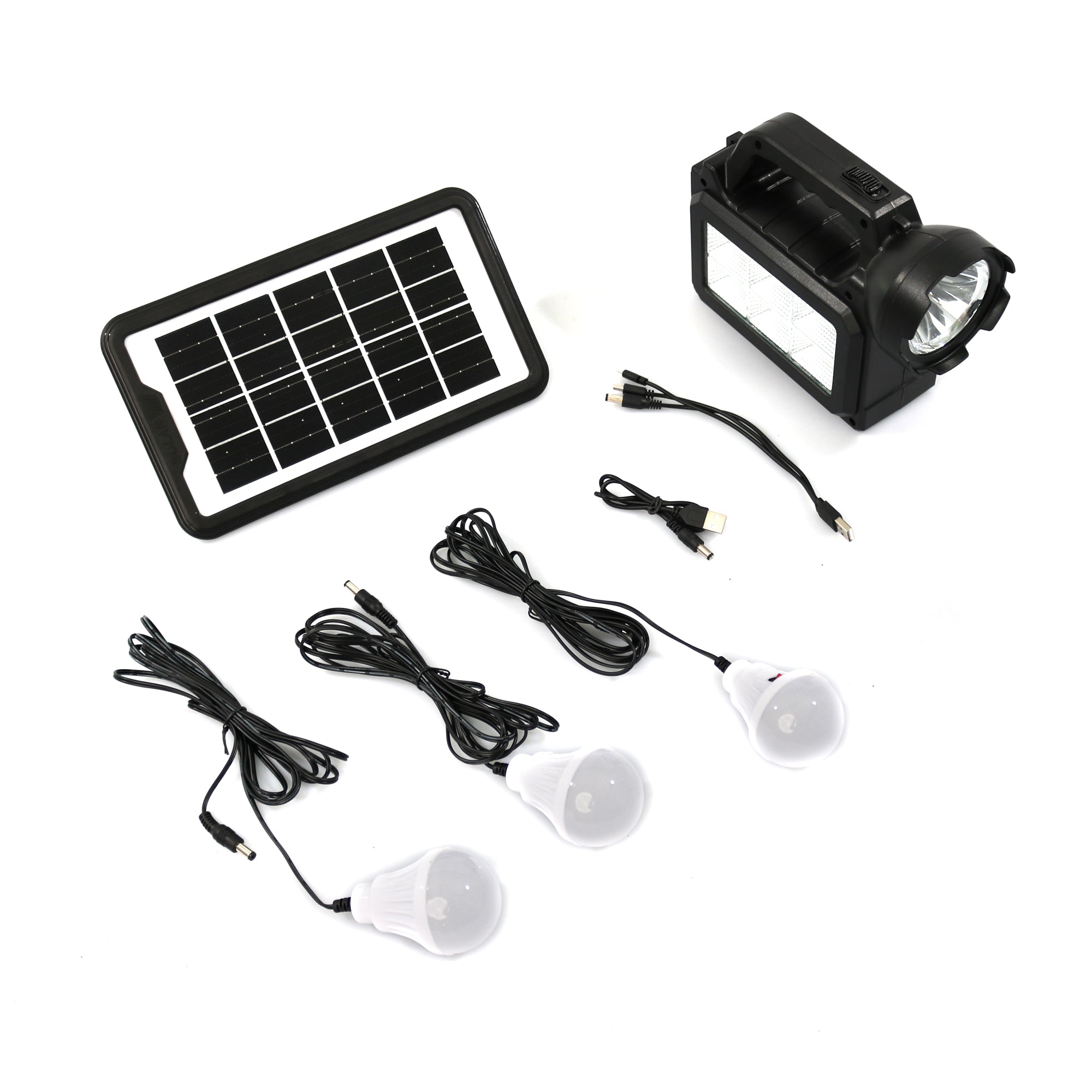 Sistem de iluminat solar GDPLUS, 3 becuri, lanterna, 24W, USB, GDP30