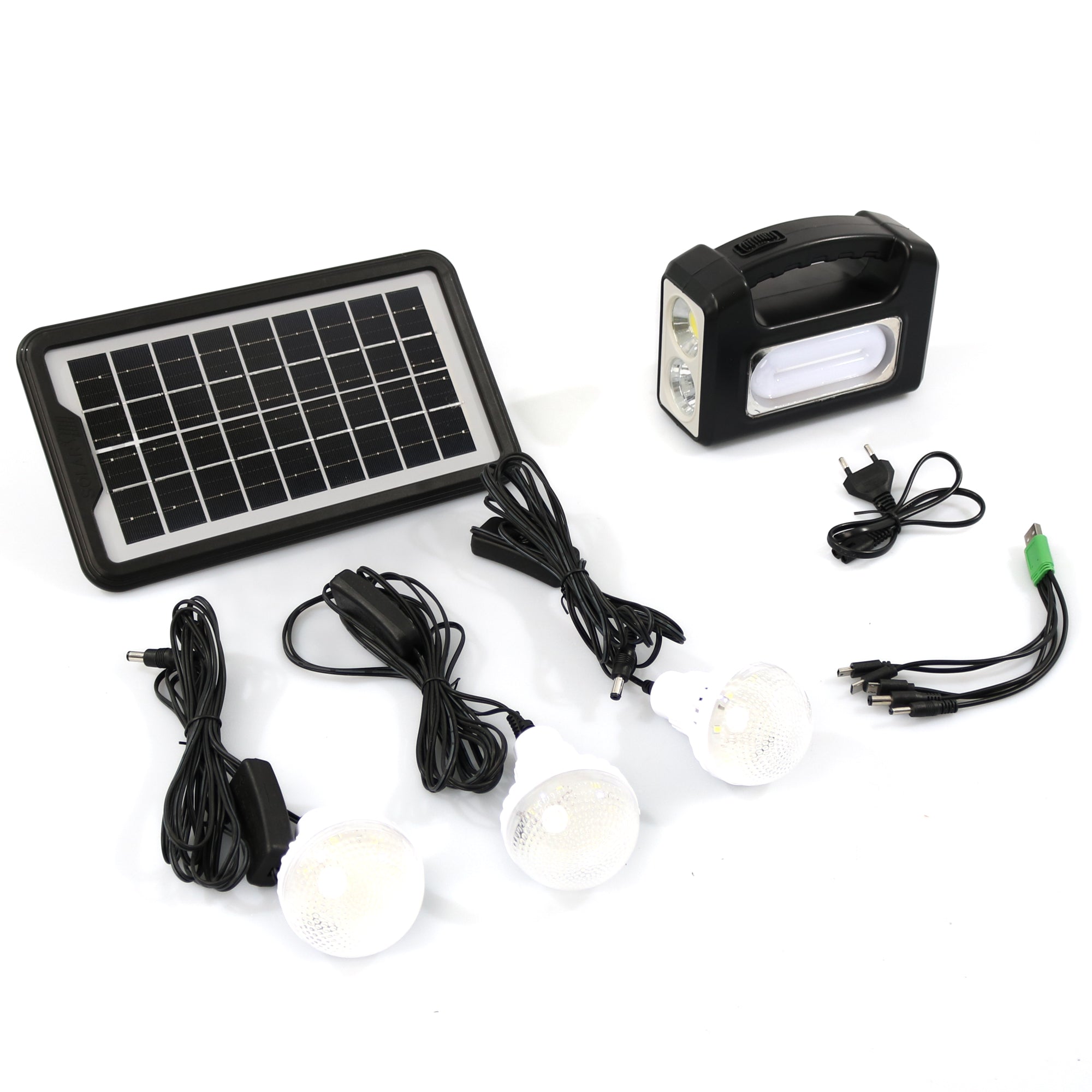 Sistem de iluminat solar GDPLUS, 3 becuri LED,USB, cablu de incarcare 220V, GD-7COB