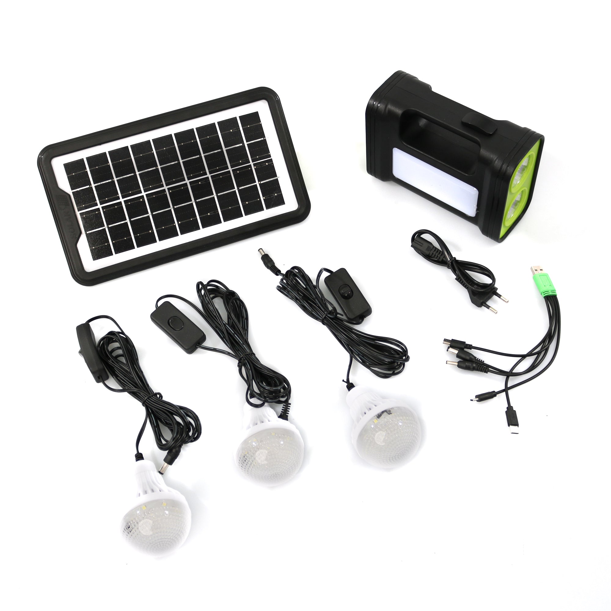 Sistem de iluminat solar GDPLUS, 3 becuri LED, cablu de incarcare 5-in-1, cablu de alimentare, GD-17