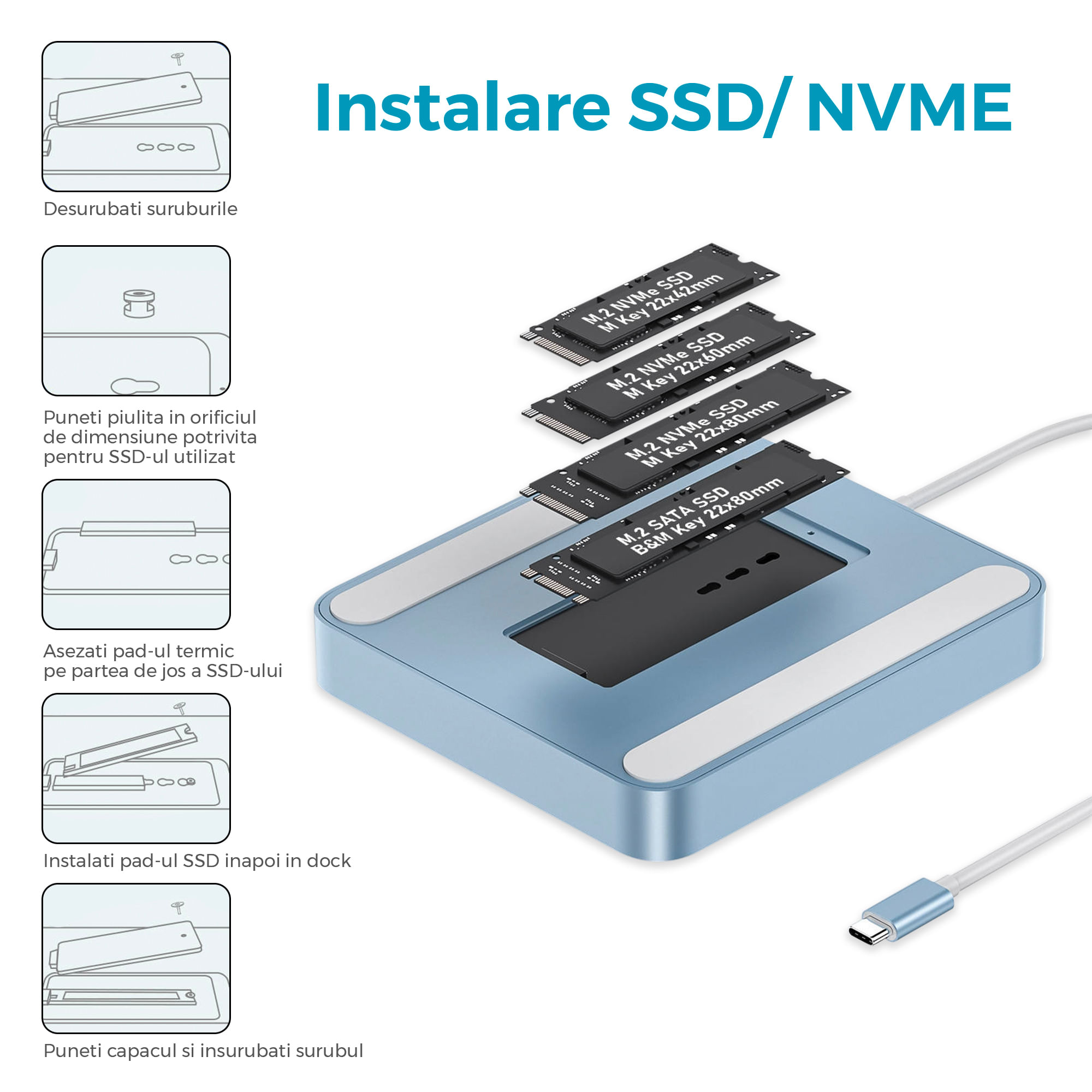 Hub Imac 24 inch Vixev, 7 in 1 Slot M.2 Sata, NVMe SSD, TF, SD, 2x USB A 2.0, 1x USB A 3.2, 1x USB C 10Gbps, Albastru - 4 | YEO