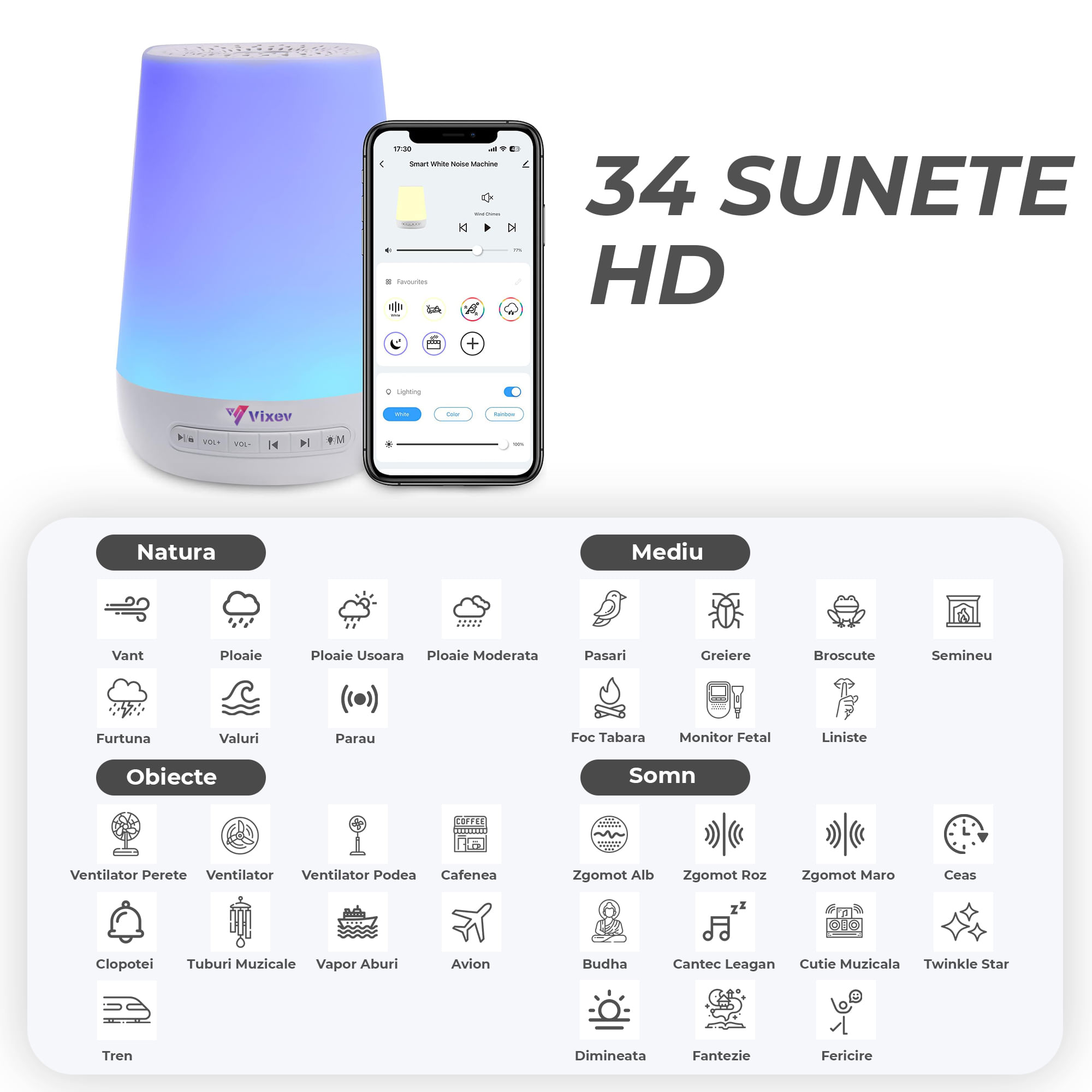 Dispozitiv Sunete Albe Vixev 34, Aplicatie Mobila Tuya, Smart 2 in 1, Control Tactil, Reincarcabil USB-C, Portabil, alb - 2 | YEO