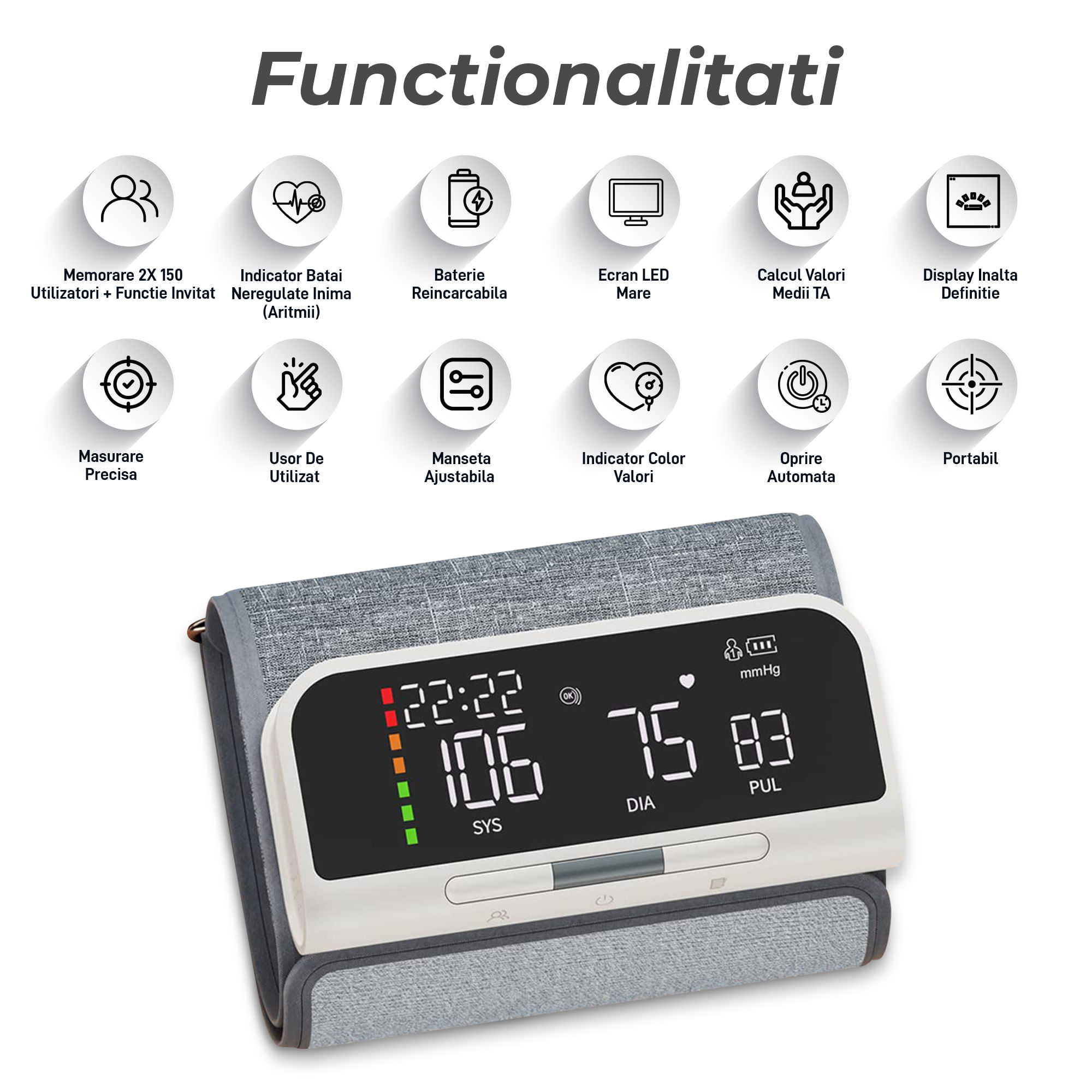 Tensiometru de Brat Digital Vixev, Masurare Tensiune Sistolica/Diastolica, Detectare Puls Neregulat, Alb - 1 | YEO