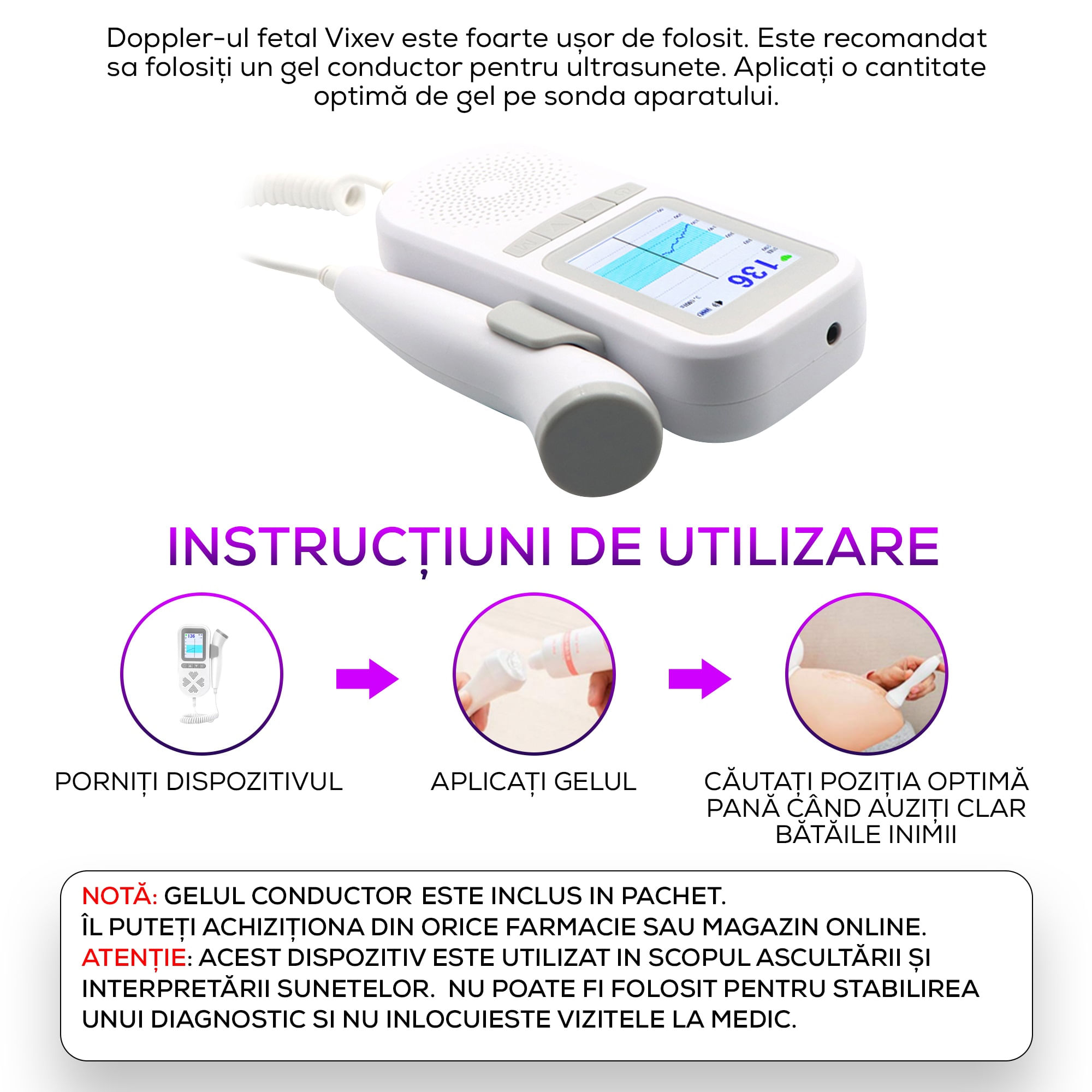 Monitor Fetal Doppler Pentru Gravide, Vixev, Gel Inclus, Alb/Gri - 1 | YEO