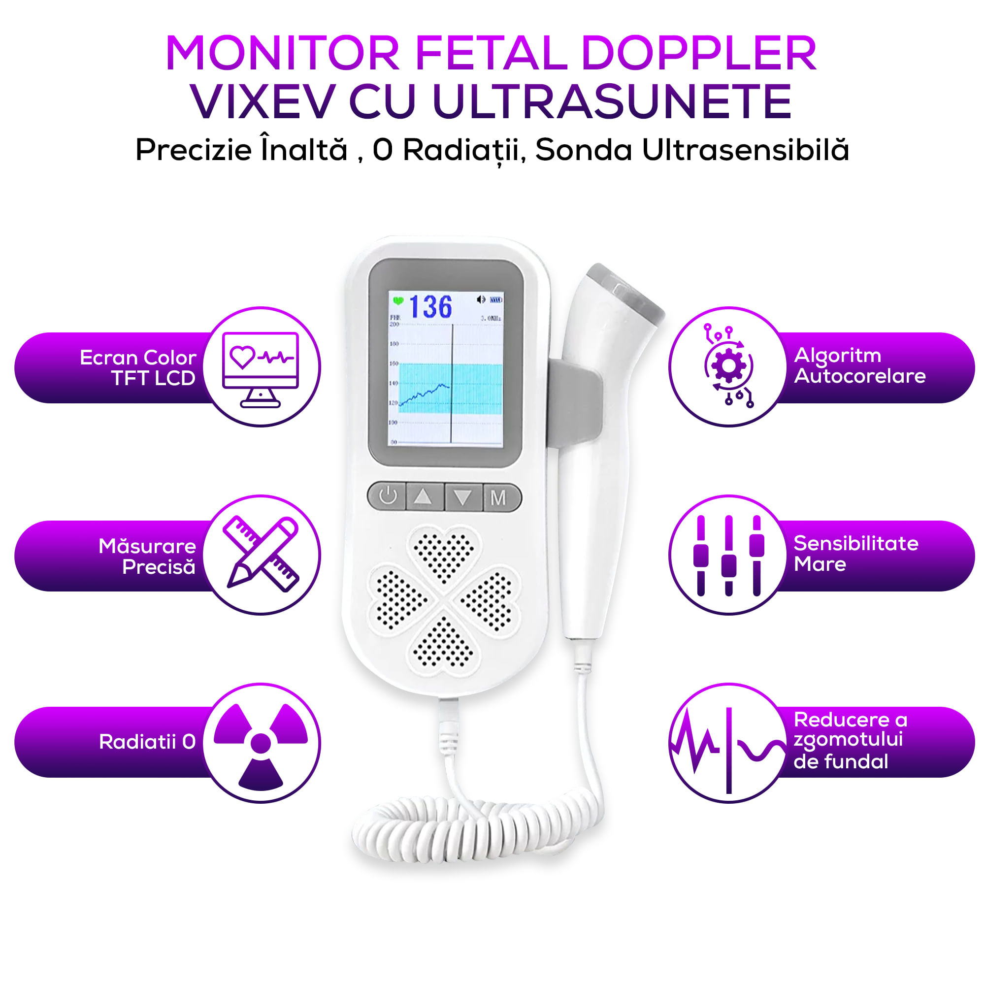 Monitor Fetal Doppler Pentru Gravide, Vixev, Gel Inclus, Alb/Gri - 4 | YEO