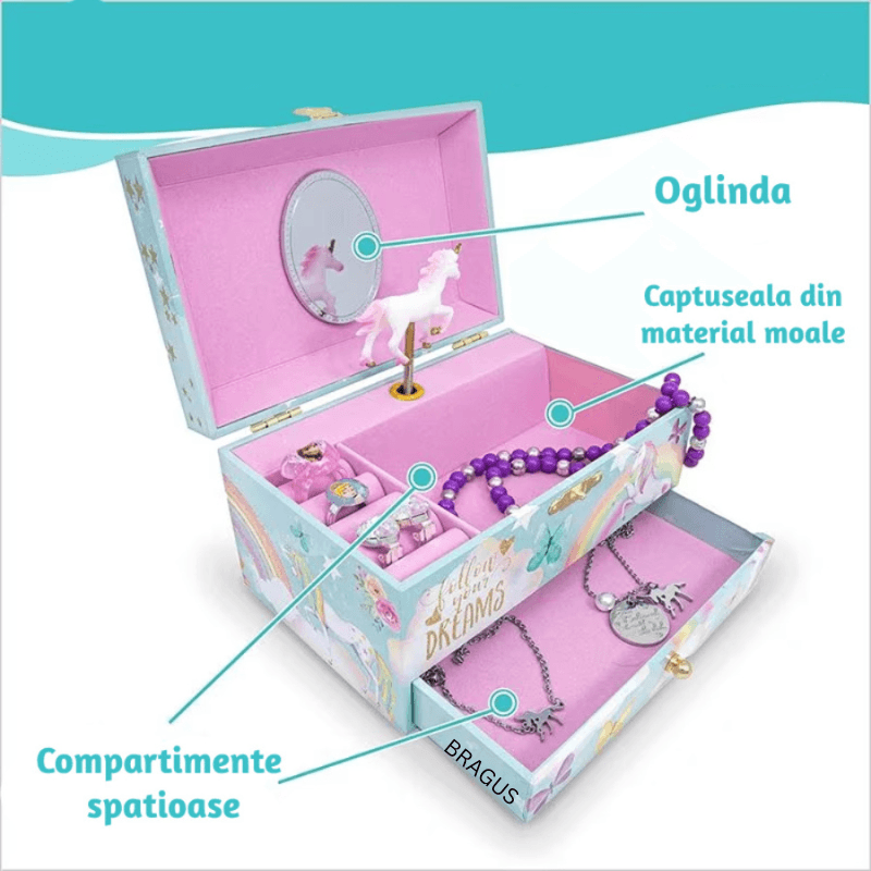 Cutie muzicala, cu unicorn, pentru depozitarea bijuteriilor, recomandata copiilor cu varsta de peste 3 ani, interior roz - 1 | YEO