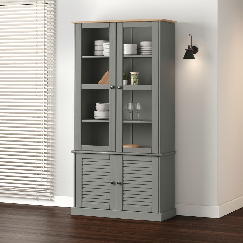 Vitrina de sticla VIGO, gri, 85x35x170 cm, lemn masiv de pin