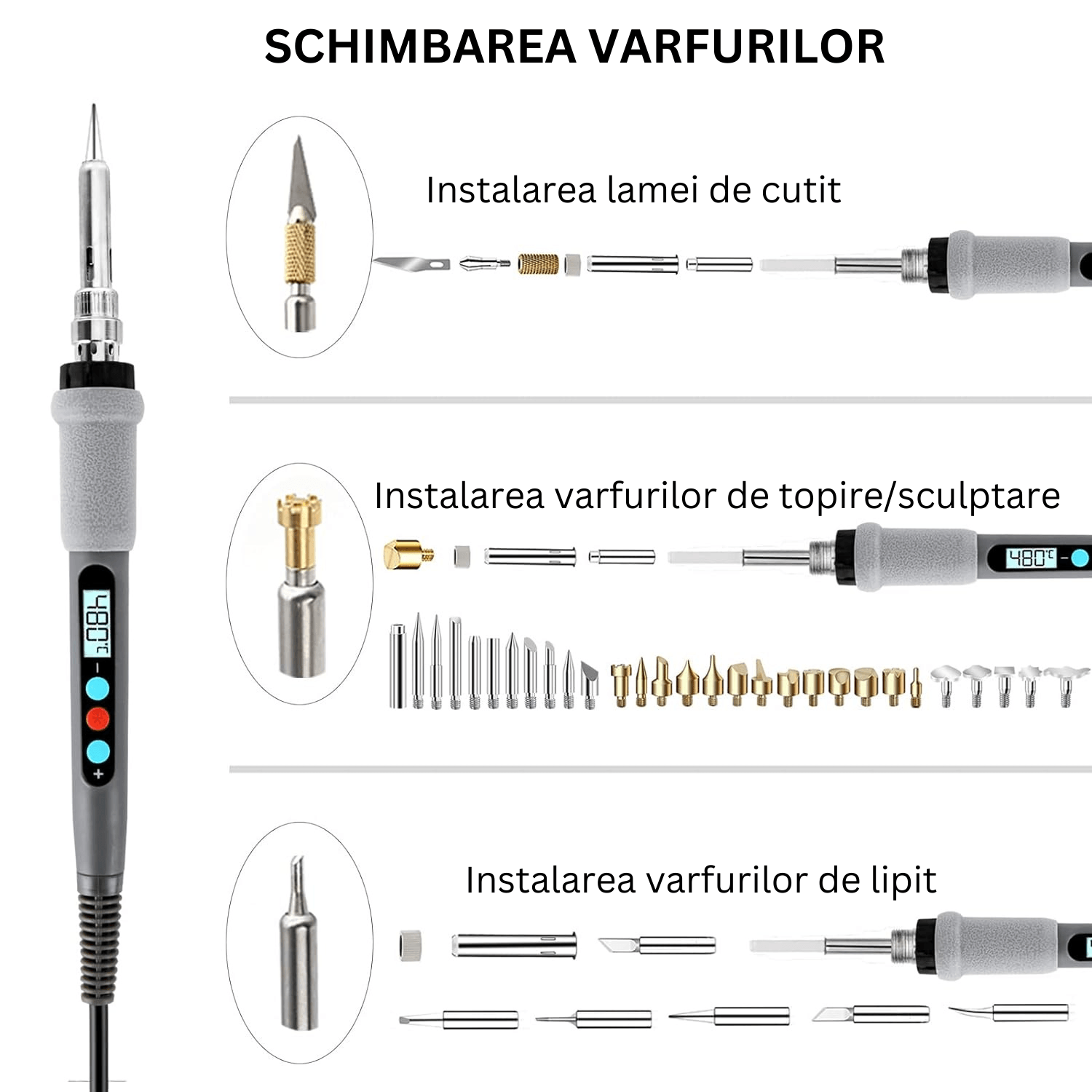 Set profesional pirogravura si lipire cu 110 piese, afisaj digital LCD, temperatura reglabila - 1 | YEO