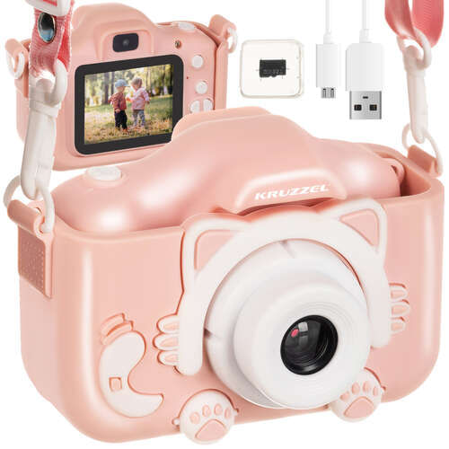 Camera Digitala pentru Copii, Kruzzel, Roz cu Tematica Pisica, 3MP, 1080P, Include MiniSD 32GB, 600mAh