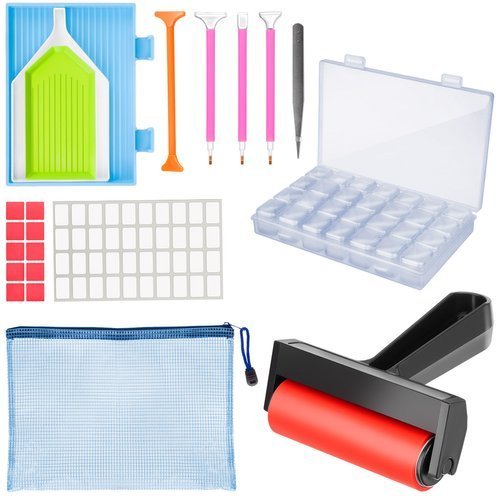 Set de Accesorii pentru Broderie cu Diamante - Organizator, Role de Presare, Pensete, Cuvete, 0.280 kg