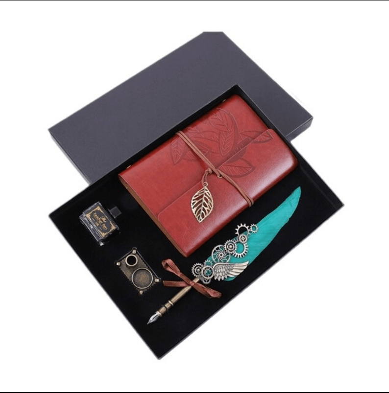 Set stilou cu pana verde cu ornamente metalice, agenda, calimara si suport de birou