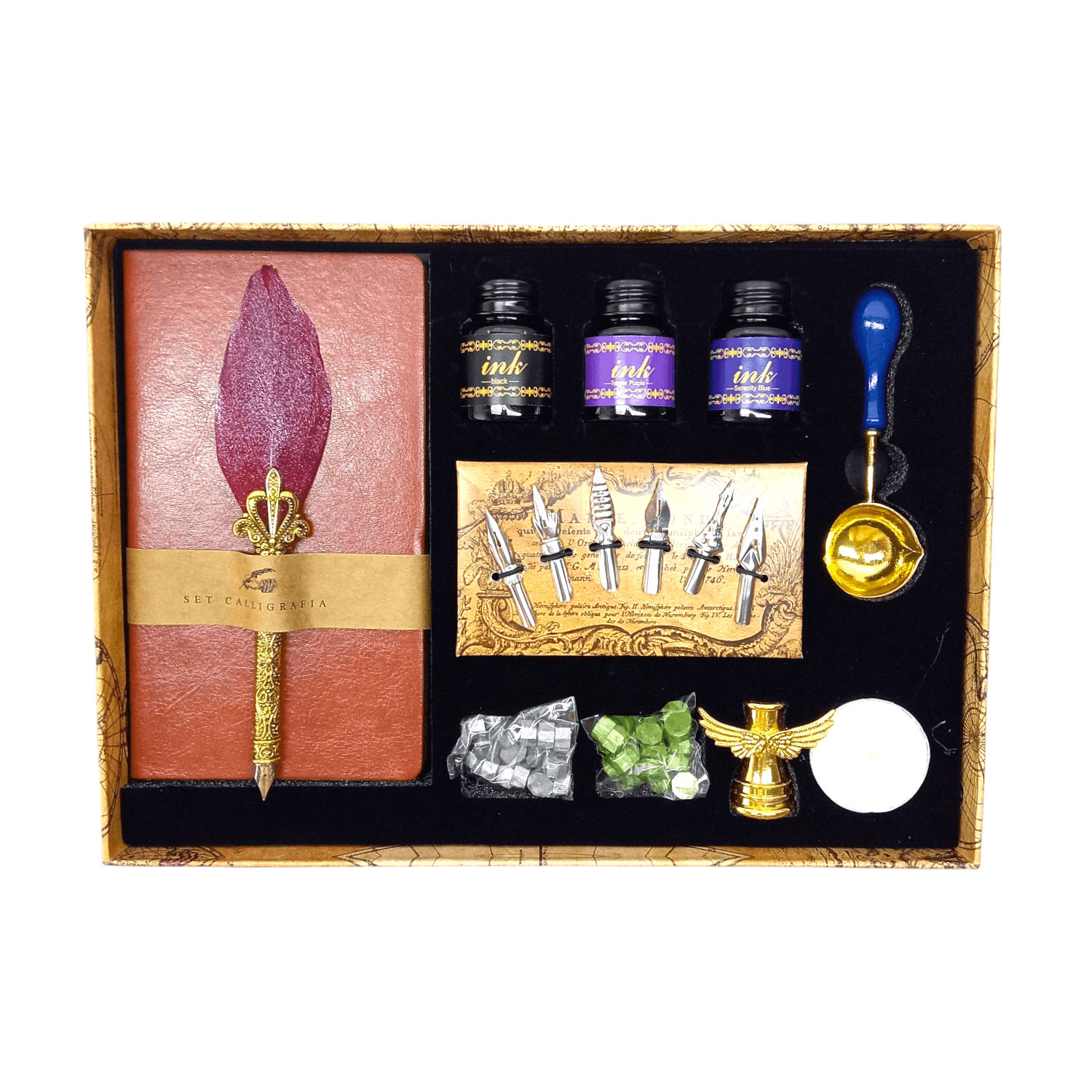 Set complet stilou cu pana sidefata rosu, agenda, cerneala, 6 penite, lumanare, ceara colorata, dozator ceara, sigiliu