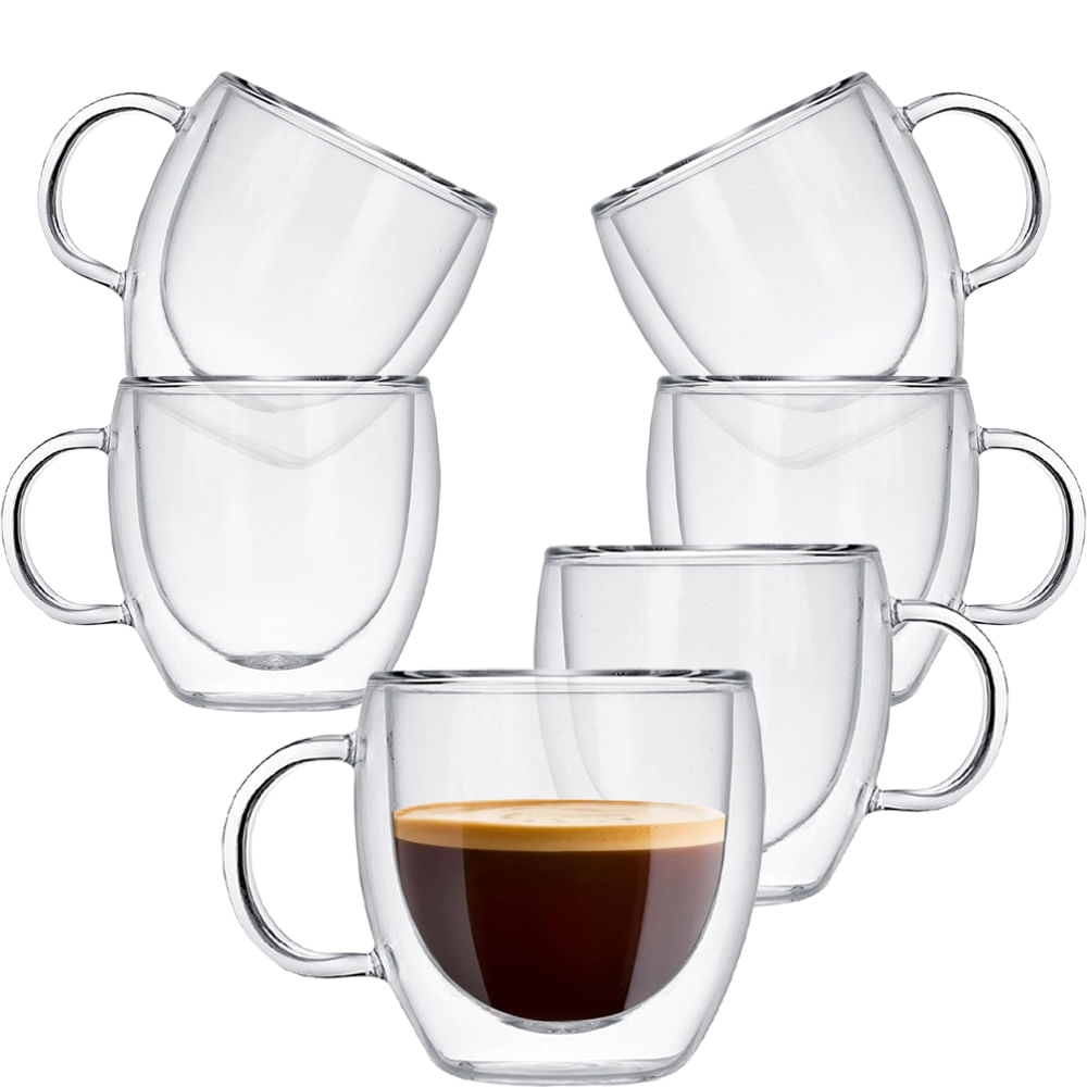 Set 6 cesti cu pereti dubli Quasar & Co.®, espresso, termorezistente, 6x80 ml, sticla borosilicata, transparent